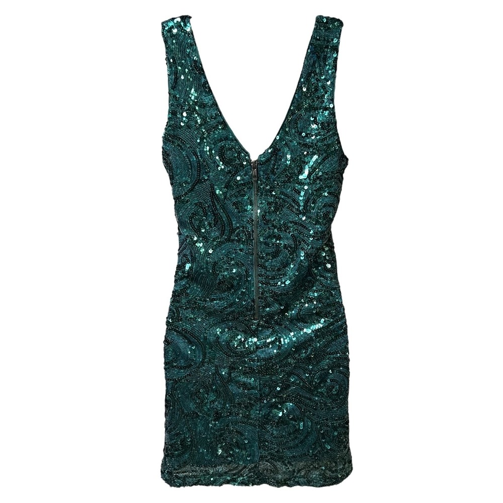 Forever 21 Emerald Green Sequin Mini Dress Small V-Neck Sleeveless Party Holiday - Picture 6 of 10